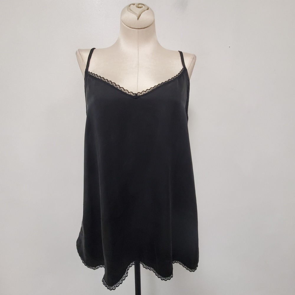 Anthropologie Silk Cami Top Size M Lace Black Slip Dainty Trim Whimsigoth Witchy